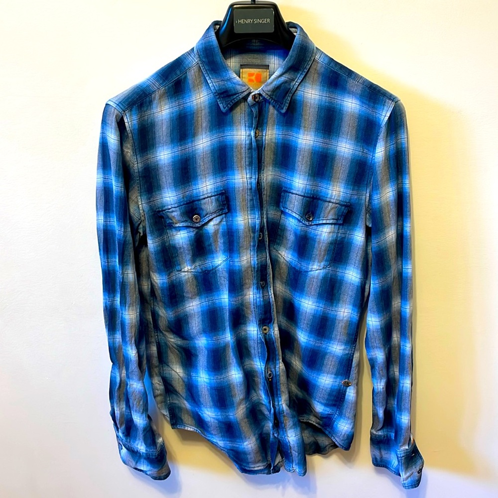 Hugo Boss orange plaid casual button-up.